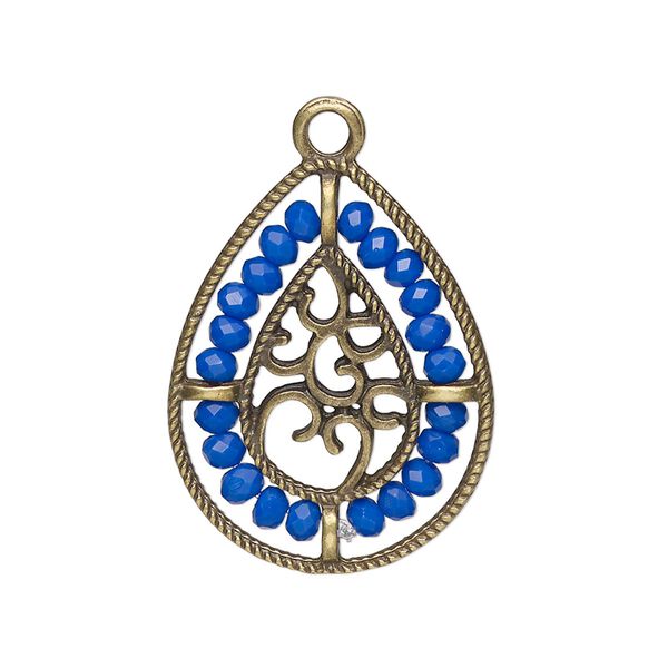 Drop, antique brass-finished "pewter" (zinc-based alloy), cobalt blue, 27.5 x 21.5mm teardrop with hearts and beaded border. Sold per pkg of 2. image number 0