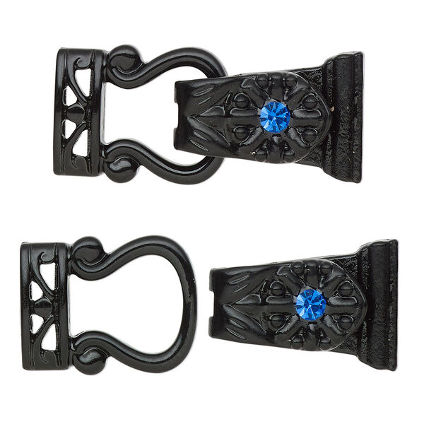 Clasp, magnetic, black-finished "pewter" (zinc-based alloy) and glass, blue, 29x13mm 2-strand fold-over. Sold per pkg of 2. image number 0