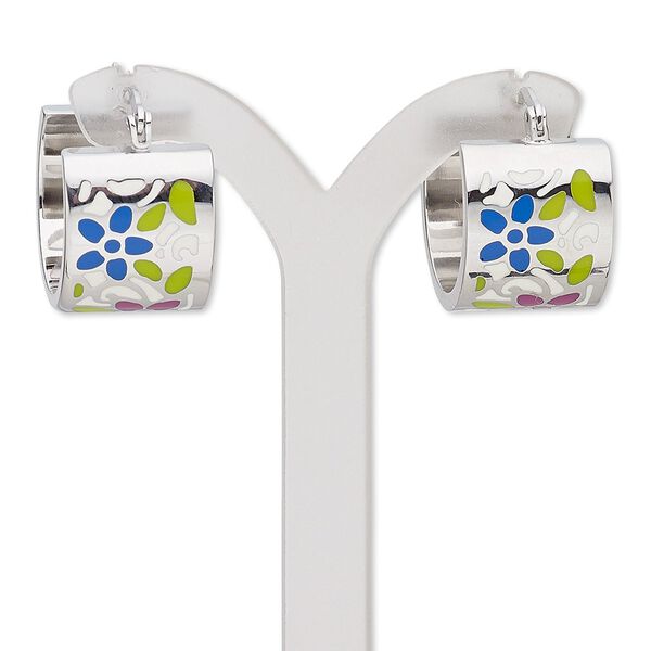 Earring, Avant-Garde Jewelry Collection, enamel and stainless steel, multicolored, 22mm 3/4 hoop with floral design and latch-back closure. Sold per pair. image number 0