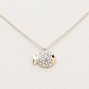 Necklace, Czech glass rhinestone / gold-finished steel / brass / "pewter" (zinc-based alloy), clear and black, 13x9mm fish, 16 inches with 2-inch extender chain and lobster claw clasp. Sold individually.