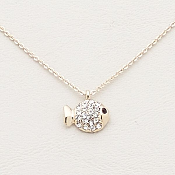 Necklace, Czech glass rhinestone / gold-finished steel / brass / "pewter" (zinc-based alloy), clear and black, 13x9mm fish, 16 inches with 2-inch extender chain and lobster claw clasp. Sold individually. image number 0