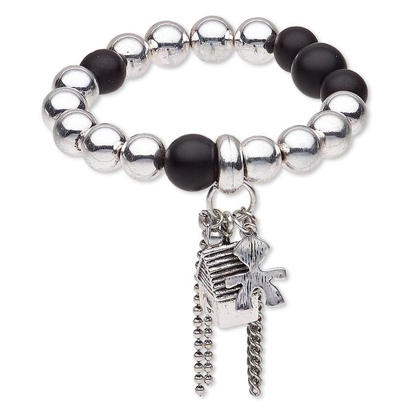 Bracelet, stretch, acrylic / silver-coated plastic / antiqued silver-finished "pewter" (zinc-based alloy) / brass / steel, black, round and house, 7 inches. Sold individually. image number 0