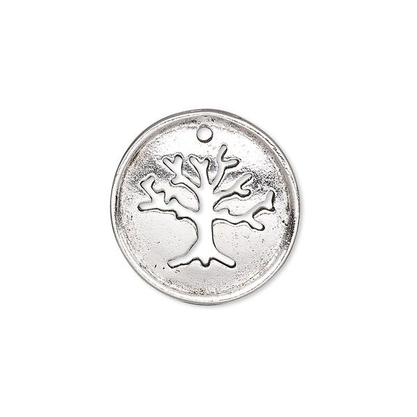 Drop, antique silver-plated pewter (tin-based alloy), 20.5mm single-sided flat round with cutout tree of life and textured back. Sold individually. image number 0