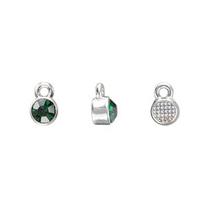 Drop, silver-finished "pewter" (zinc-based alloy) and glass rhinestone, emerald green, 6mm faceted round, May birthstone. Sold per pkg of 10.