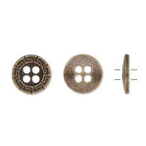 Button, antiqued brass-finished "pewter" (zinc-based alloy), 12mm single-sided flat round with Greek key design. Sold per pkg of 50.