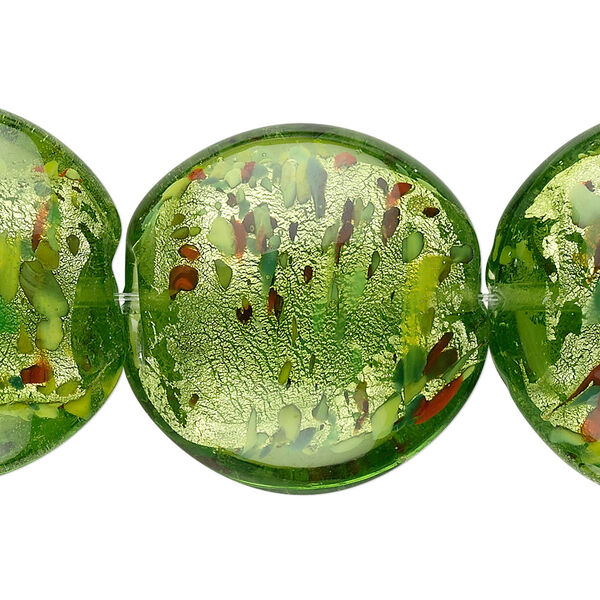 Bead, lampworked glass, forest green with silver-colored foil, 28mm puffed flat round. Sold per pkg of 6. image number 0