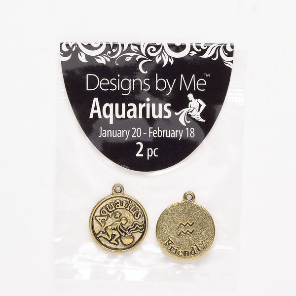 "Pewter" (zinc-based alloy) / enamel 1pkg2, 2-sided round charm / Aquarius / "Friendly" antique gold finish / black 18mm image number 0