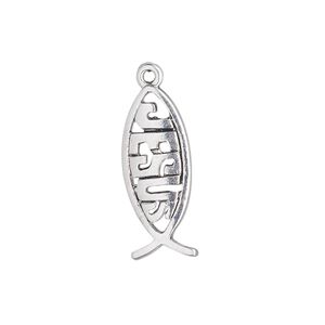 Drop, antique silver-plated "pewter" (zinc-based alloy), 23x9mm single-sided Christian fish with "JESUS." Sold per pkg of 20.