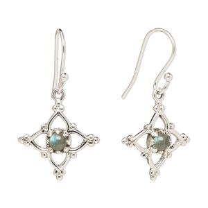 Earring, Create Compliments®, antiqued sterling silver and labradorite (natural), fishhook, 32mm with 17mm single-sided open beaded diamond, 21 gauge. Sold per pair.