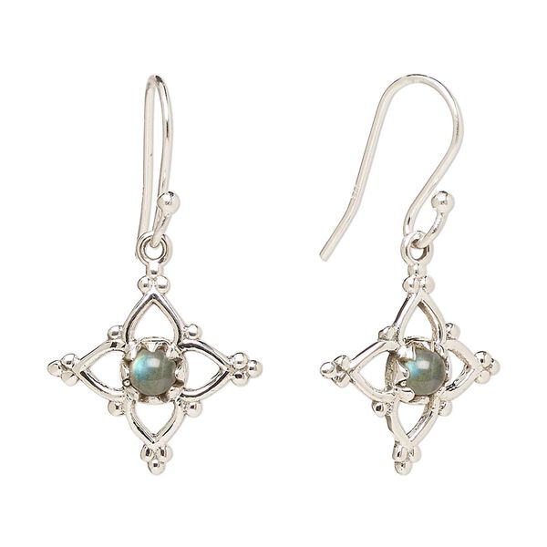 Earring, Create Compliments®, antiqued sterling silver and labradorite (natural), fishhook, 32mm with 17mm single-sided open beaded diamond, 21 gauge. Sold per pair. image number 0