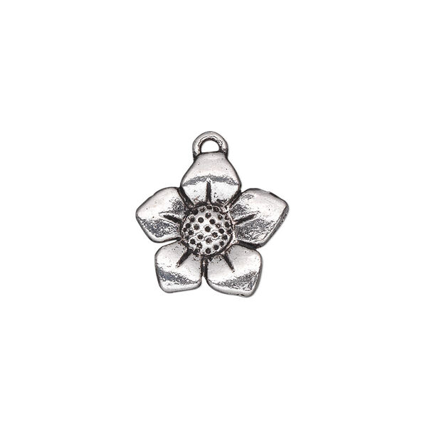 Charm, antique silver-plated "pewter" (zinc-based alloy), 15x14mm single-sided flower. Sold per pkg of 20. image number 0