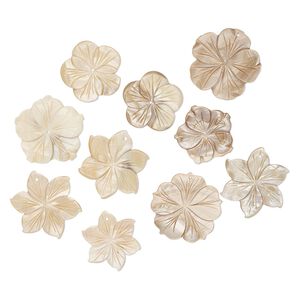Focal and component mix, mother-of-pearl shell (dyed), beige and tan, 24-35mm hand-carved flower, Mohs hardness 3-1/2. Sold per pkg of 10.