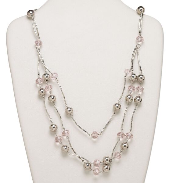 Necklace, glass and imitation rhodium-finished aluminum and steel, pink, 18x18mm faceted rondelle, 23-inches with 2-inch extender chain and lobster claw clasp. Sold individually. image number 0