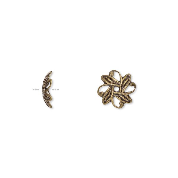 Bead cap, antique gold-plated brass, 10x3mm fancy leaf with cutout pattern, fits 10-12mm bead. Sold per pkg of 100. image number 0