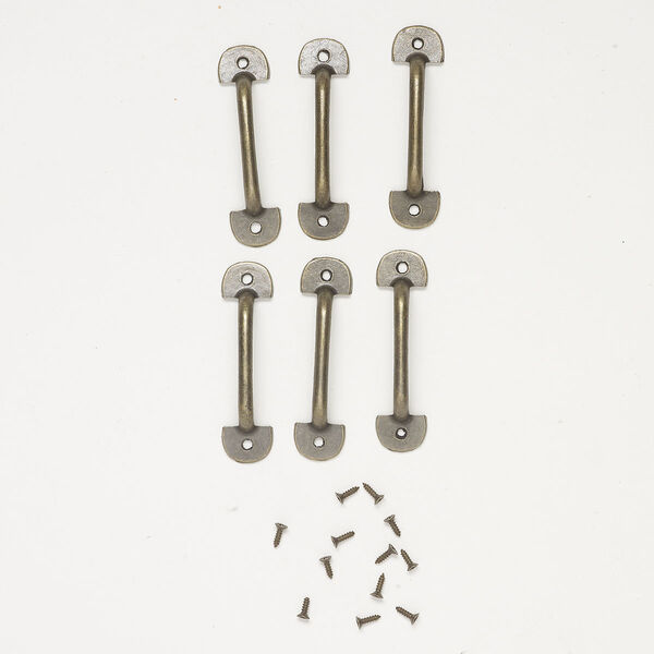 Drawer pull handle 1pkg6, antique brass-finished steel and "pewter" (zinc-based alloy), 2x1/2 inches. image number 0