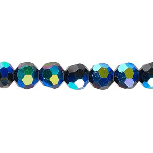 Bead 1pk 32 facets opaque black AB, Celestial Crystal® 8mm round 15.5-16 inch