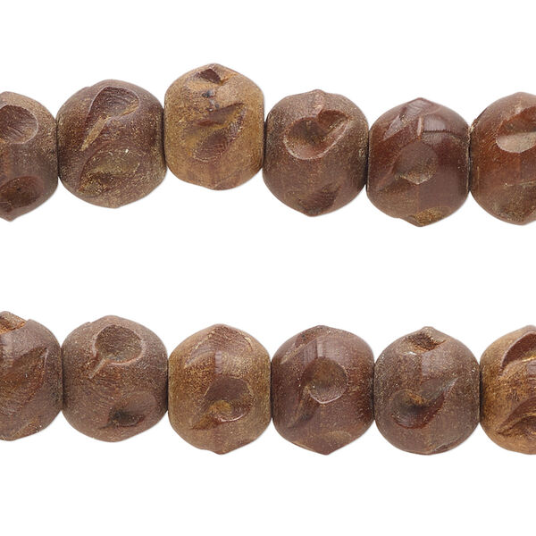 Bead, wood (dyed), pkg/(2) 4-1/2 inches, brown, 10x8mm-11x9mm carved round. image number 0