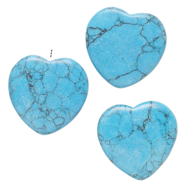 Drop, "turquoise" (resin) (imitation), blue, 24-25mm half-drilled puffed heart, B grade. Sold per pkg of 3. image number 0