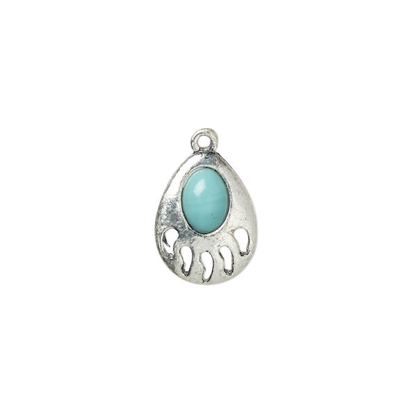 Charm, "turquoise" (resin) (imitation) and antiqued "pewter" (zinc-based alloy), blue, 14x11mm single-sided bear paw. Sold individually. image number 0