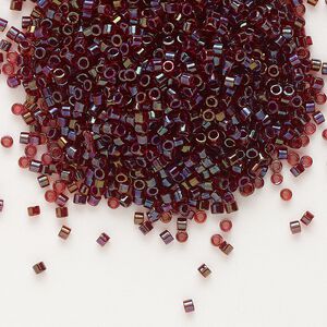 Seed bead, Delica®, glass, pkg/50g, #11 round, translucent ruby-lined luster ruby (DB-0296).