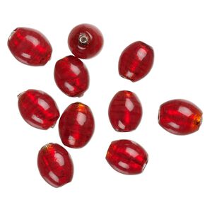 Bead, lampworked glass, opaque red, 13x10mm-10x9mm oval with silver-colored foil. Sold per pkg of 10.