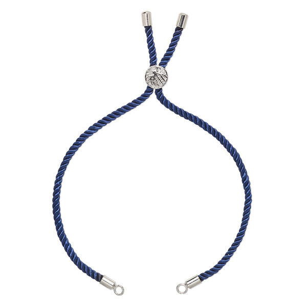 Bracelet component, nylon and imitation rhodium-finished "pewter" (zinc-based alloy), cobalt, 3mm wide, 8-3/4 inches with 9mm flat round adjustable slider bead with tree of life design and 2 open loops. Sold individually. image number 0