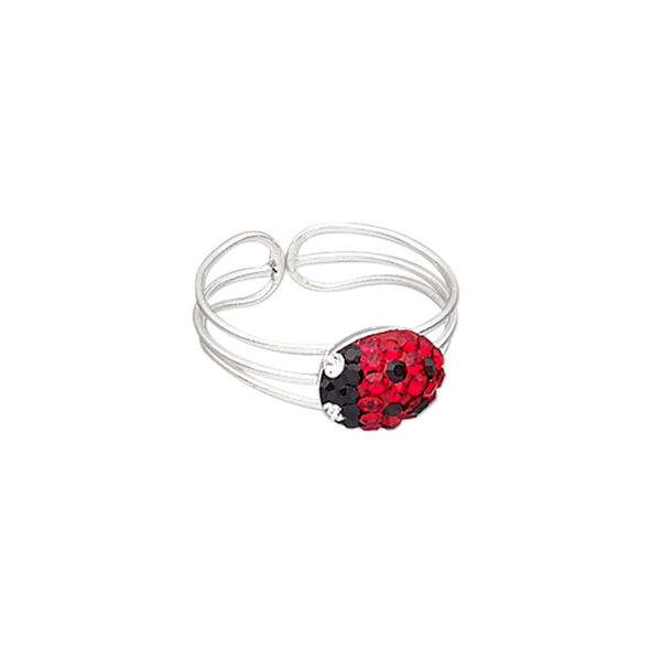 Ring, epoxy / glass rhinestone / silver-plated brass, red / black / clear, 7mm wide with 9x7mm ladybug, adjustable. Sold individually. image number 0