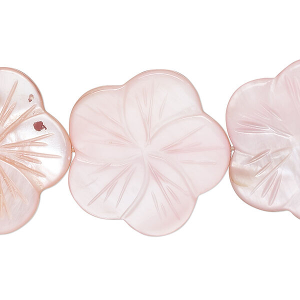 Bead, mother-of-pearl shell (dyed), pale blush, 24x23mm-26x25mm carved flat flower with 0.6-0.8mm hole, Mohs hardness 3-1/2. Sold per 15-inch strand. image number 0