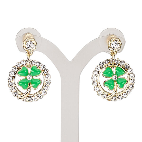 Earring, enamel / glass rhinestone / stainless steel / gold-finished "pewter" (zinc-based alloy), green and clear, 28mm with round and shamrock with post. Sold per pair. image number 0