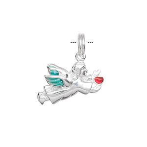 Charm, sterling silver and enamel, blue and red, 21x14mm flying angel. Sold individually.