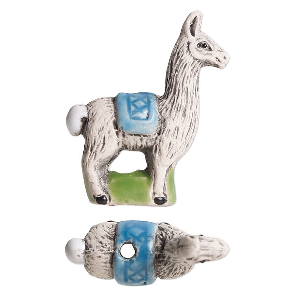 Bead, glazed ceramic, multicolored, 29x24mm hand-painted llama. Sold per pkg of 2. image number 0