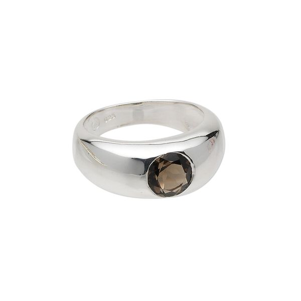 Ring, sterling silver and smoky quartz (heated / irradiated), 7mm faceted round, size 7. Sold individually. image number 0