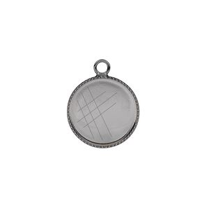 Drop, gunmetal-plated brass, 15mm round with beaded edge and 14mm round bezel setting. Sold per pkg of 6.