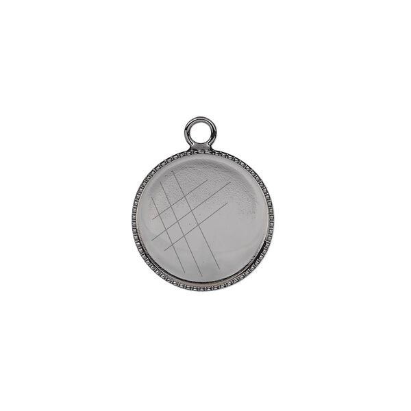 Drop, gunmetal-plated brass, 15mm round with beaded edge and 14mm round bezel setting. Sold per pkg of 6. image number 0