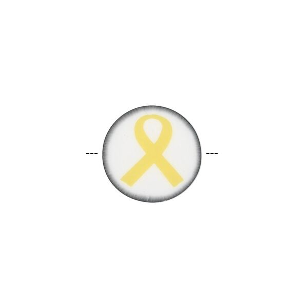 Bead, polymer clay, white / black / yellow, 14mm double-sided flat round with awareness ribbon. Sold per pkg of 30. image number 0