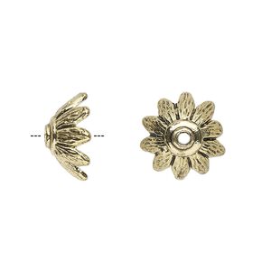 Bead cap, antique gold-finished "pewter" (zinc-based alloy), 14x7mm flower petal, fits 12-16mm bead. Sold per pkg of 20.
