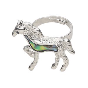 Ring 1pkg1 brass / paua shell / glass rhinestone, 32x31mm horse, natural silver finish / black