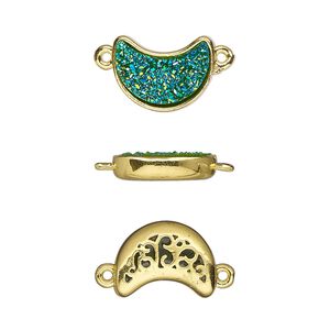 Link, Druzylite™, "druzy" (resin) and gold-finished brass, green, 14x10mm two-sided moon with open filigree back. Sold per pkg of 4.