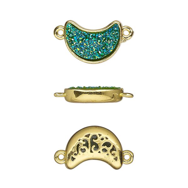 Link, Druzylite™, "druzy" (resin) and gold-finished brass, green, 14x10mm two-sided moon with open filigree back. Sold per pkg of 4. image number 0