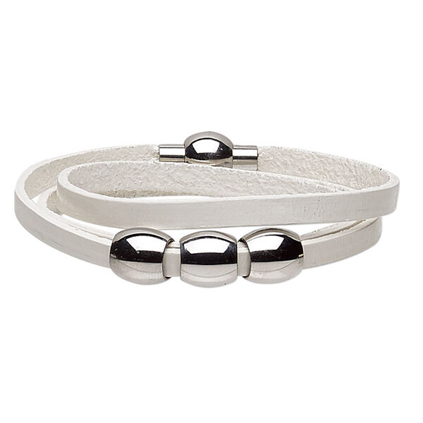 Bracelet, 3-strand, leather (dyed) and stainless steel, white, 10mm wide with 10x10mm barrel, adjustable at 6-1/2 and 9-1/2 inches with magnetic clasp. Sold individually. image number 0