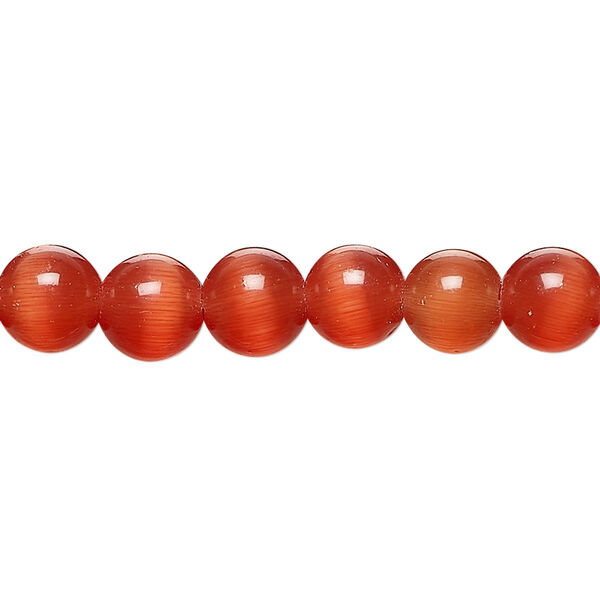 Bead, cat's eye glass (fiber optic glass), orange-red, 8mm round, quality grade. Sold per 15-1/2" to 16" strand. image number 0