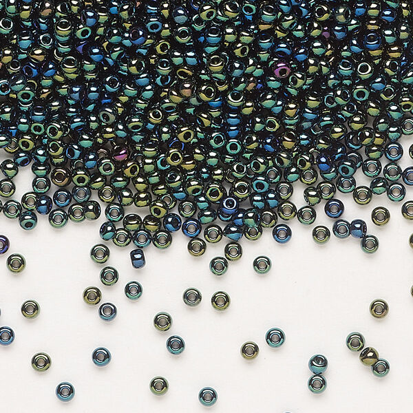 Seed bead, Preciosa Ornela Czech glass, pkg/50g, #11 rocaille, opaque green iris black, (59155). image number 0