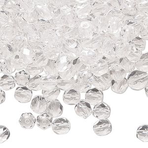 Bead, fire-polished glass, transparent clear, 5-6mm faceted round. Sold per 2-ounce pkg, approximately 345 beads.