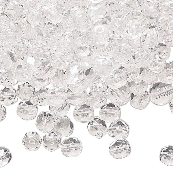 Bead, fire-polished glass, transparent clear, 5-6mm faceted round. Sold per 2-ounce pkg, approximately 345 beads. image number 0