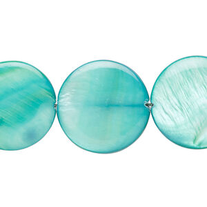 Mother-of-pearl shell 1pkg1, puffed flat round bead 15 inch dark teal green 19-20mm