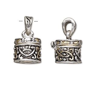 Drop, antique silver- and gold-finished "pewter" (zinc-based alloy), 13x12mm cylinder prayer box with swirl design and magnetic closure. Sold individually.