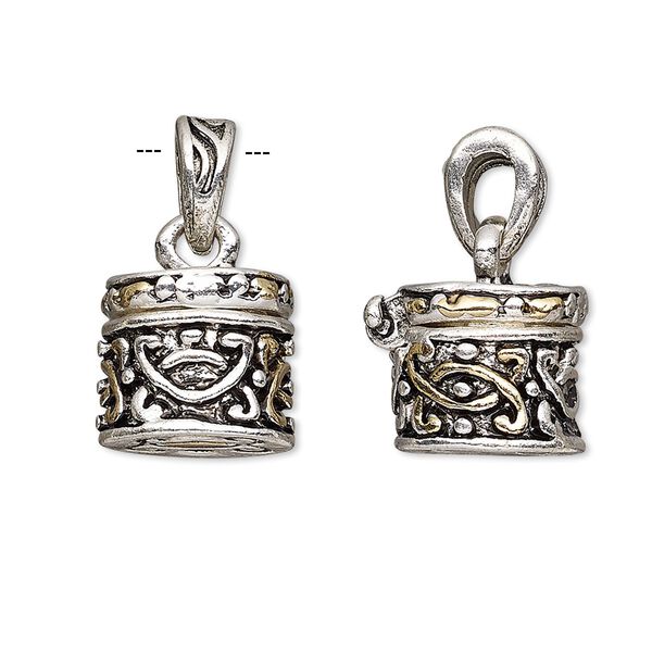 Drop, antique silver- and gold-finished "pewter" (zinc-based alloy), 13x12mm cylinder prayer box with swirl design and magnetic closure. Sold individually. image number 0