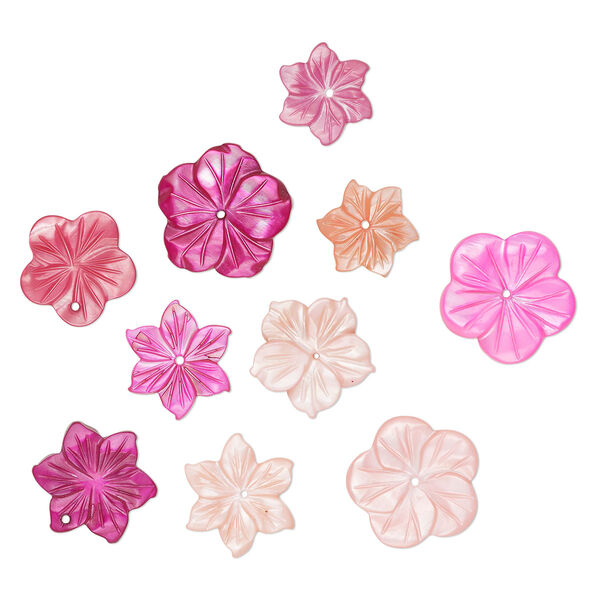 Focal and component mix, mother-of-pearl shell (dyed), multi-pink, 15-25mm hand-carved flower, Mohs hardness 3-1/2. Sold per pkg of 10. image number 0