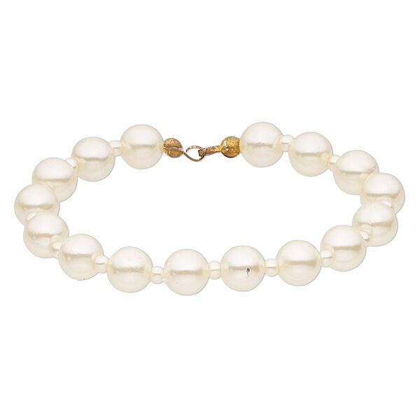 Bracelet component, vintage acrylic pearl and gold-finished "pewter" (zinc-based alloy), ivory, 3mm and 8mm round, 6 inches. Sold individually. image number 0
