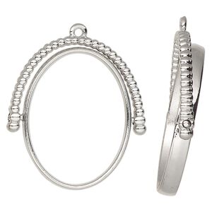 Focal, silver-finished "pewter" (zinc-based alloy), 34x30mm open oval with rotating center and beaded top. Sold per pkg of 2.